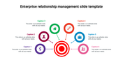 Central red target icon with six surrounding circles in various colors, connected by lines, each with captions around.