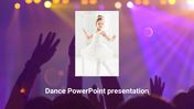 Dance slide with a ballet dancer in white, set against a colorful background with hands raised in celebration.