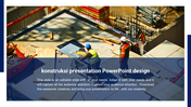 Konstruksi themed presentation slide with construction workers and building materials with placeholder text.