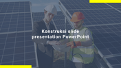 konstruksi slide background showing a construction engineer and worker examining a blueprint at a solar installation site.