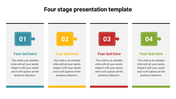 Horizontal layout with four stages, each with a number, colored icon, and placeholder text areas.