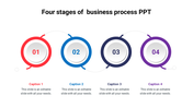 PowerPoint slide showing four stages in a business process with colorful circular icons numbered 01 through 04 with captions.