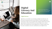 Split layout slide showing young woman using a laptop on left and text on digital tools and education on right.
