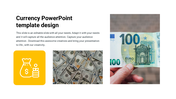 Currency themed layout featuring a yellow money bag icon, a stack of US dollar bills, and a hand holding a 100 euro note.