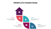 Arrow template with five colorful sections in blue, pink, teal, orange, and purple, featuring icons and text boxes.
