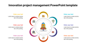 PowerPoint slide featuring an innovation project management with a central rocket and various color coded icons around it.