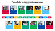 Project timeline with twelve months labeled from January to December, each connected to text boxes arranged in two rows.