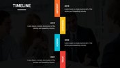 Timeline with stacked months in bold colors and alternating text boxes for years 2018 to 2021, arranged on a dark background.