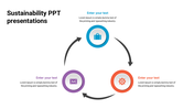 Sustainability PPT slide showcasing a circular flow with three sections for text and icons on a white backdrop.