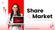 Share market ppt red theme, woman with laptop, graph charts, icons, arrows, clean text holders and data slides.