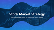 Stock market strategy presentation slides with investment goals, risk management, trading analysis, and portfolio plans.