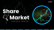 Share market dark theme with blue charts, circular graphs, icons, and structured text holders.