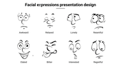 Facial expressions slide featuring cartoon style illustrations of nine different facial expressions.