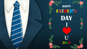 Father's day design with a suit and tie illustration, and colorful flowers frame a bold message, on a blue backdrop.