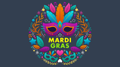 Mardi Gras themed slide featuring a decorative mask and festive elements like music notes and stars.