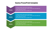 Spanish financial slide with three stacked chevron labeled Costos and Gastos, filled with white text and placeholder content.