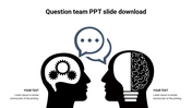 Team question slide with symbolic heads, gears on the left, brain on the right, and two overlapping speech bubble at the top.