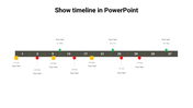 Timeline slide featuring a dark bar with numbered intervals, red and yellow markers, and green stars for milestones.