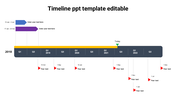 Timeline graphic featuring a dark bar, with yellow progress line, purple and blue task arrows, and red milestone flags.