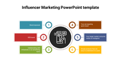 Circular infographic with a central black icon and six numbered colorful rectangles, representing marketing strategies.