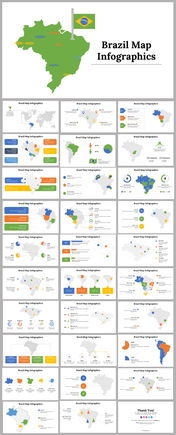 Slide deck with Brazil focused infographics, featuring map visuals, population data, and color coded region specific details.
