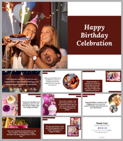 Birthday celebration slide deck featuring a festive cake, happy people, decorations, and warm wishes.