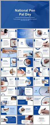 Slides with blue themed layouts, showcasing images of letter writing and sections on history and personalization.