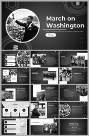 Slide deck cover for March on Washington with black-and-white photos and slide previews on civil rights history and activism.