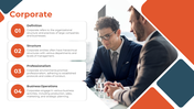 Corporate layout with text boxes numbered 01 to 04, and a business meeting photo with orange and blue diamond shapes.