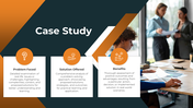 A case study PowerPoint template featuring a modern design with icons for each section and a business focused background.