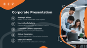 Dark corporate design featuring five bullet points with icons on the left and a collaborative office scene on the right.