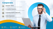 A business slide featuring a smiling man with a laptop, surrounded by icons related to corporate strategy.