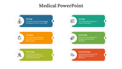 Medical themed slide with icons and captions inside six vibrant rectangular blocks arranged in two columns.