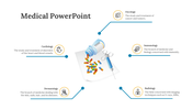 Diagram with medical fields surrounding a central illustration of pills and a syringe, highlighting different areas.