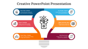 Creative slide featuring a light bulb graphic, highlighting six colored sections with icons and text description.