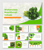 Watercress nutritional slide deck with vibrant green and orange sections detailing health benefits and nutrient breakdown.