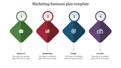 Marketing business plan template with four colorful diamond segments and icons representing key steps.