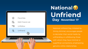 National Unfriend Day image with emoji, highlighted Unfriend selection on a laptop, and hands at the keyboard