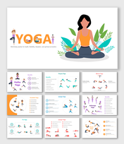 Slide deck with detailed sections on various yoga practices, including poses and benefits, using bright illustrations.