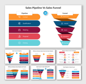 A slides comparing sales pipeline and sales funnel, showing stages with different colorful layout designs and icons.