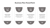 Gray and white vertical cards in a row with circular headers and outlined icons, arranged in a four step format.