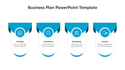 Blue-accented business plan layout showing strategy, operations, marketing, and finance sections with icons and descriptions.