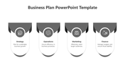 Monochrome business plan template with sections for strategy, operations, marketing, and finance, each featuring icons.