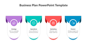 Business plan PPT slide with sections for strategy, operations, marketing, and finance in purple, green, red, and blue.