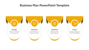 Business plan infographic featuring four segments with yellow tops, white backgrounds, and icons from strategy and finance.