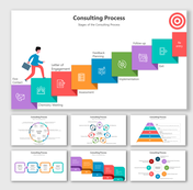 Consulting process slide pack showing steps in colorful graphics, including pyramids, steps, circular flows, and icons.