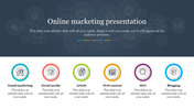 Slide showcasing key components of online marketing, including email marketing, social media, and SEO, with icons.