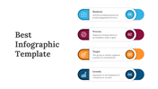 Infographic with four horizontal rounded blocks in blue, red, orange, and navy, each with icons and captions.