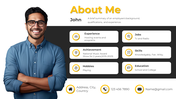 Slide featuring a smiling man with details about me experience, achievements, skills, hobbies, and contact information.