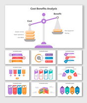 Alt: Cost Benefit Analysis infographic slide with a clean design for visualizing financial evaluation and project investment assessment.